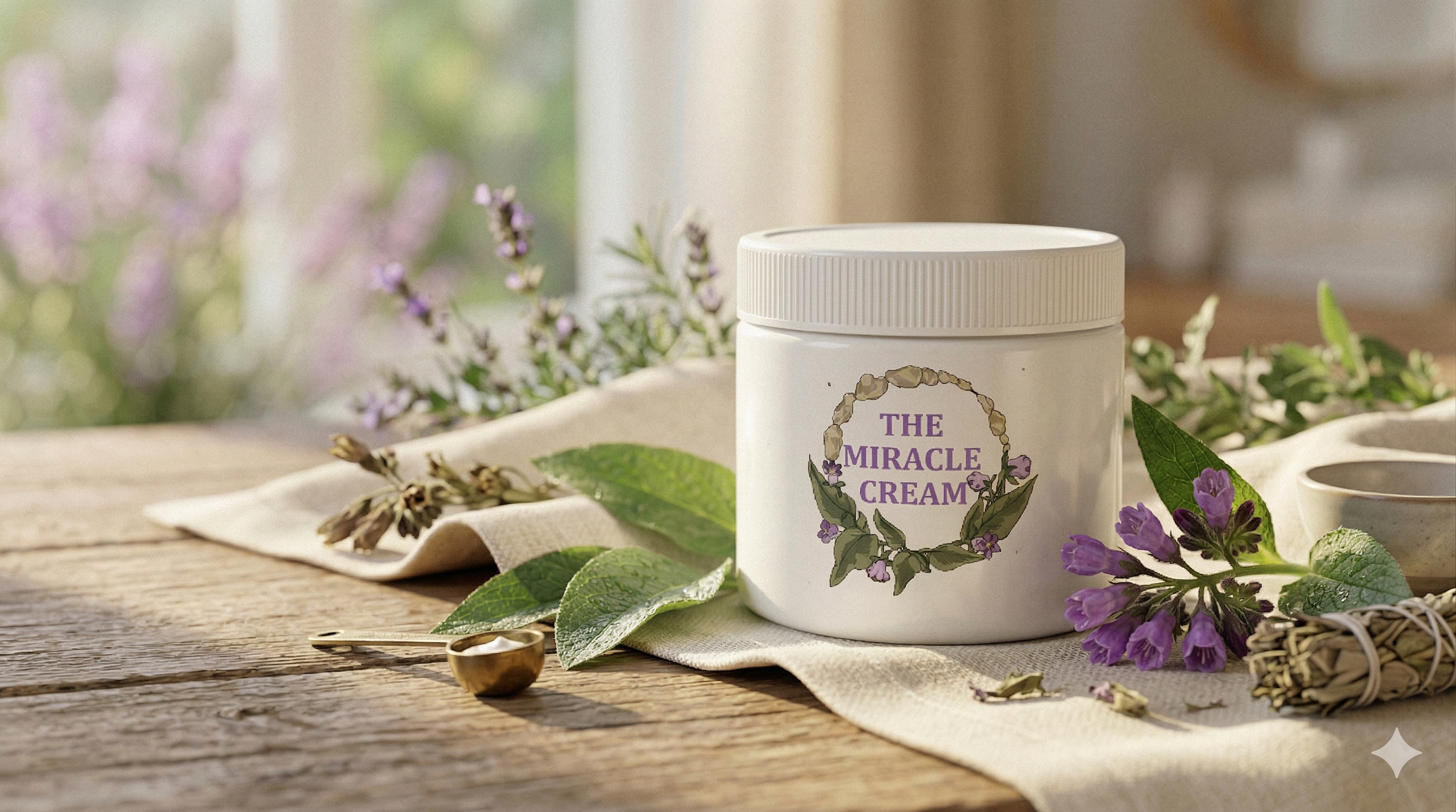 The Miracle Cream jar with herbs